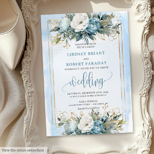 Romantic Dusty Blue Gold Floral Wedding Invitation