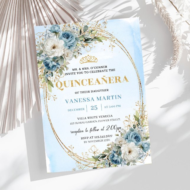 Romantic Dusty Blue Gold Greenery Quinceañera Invitation (Romantic Dusty Blue Gold Greenery Quinceañera)