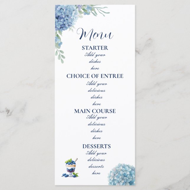 Romantic Dusty Blue Hydrangea Watercolor Wedding Menu (Front)
