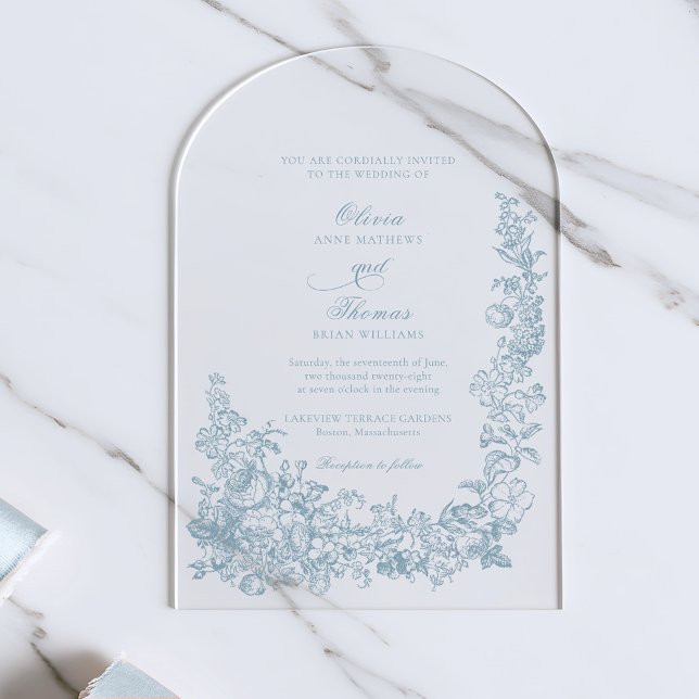 Romantic Dusty Blue Line Art Floral Wedding Acrylic Invitations (Creator Uploaded)
