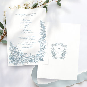 Romantic Dusty Blue Line Art Floral Wedding Invitation