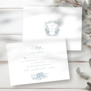 Romantic Dusty Blue Line Art Floral Wedding RSVP Card