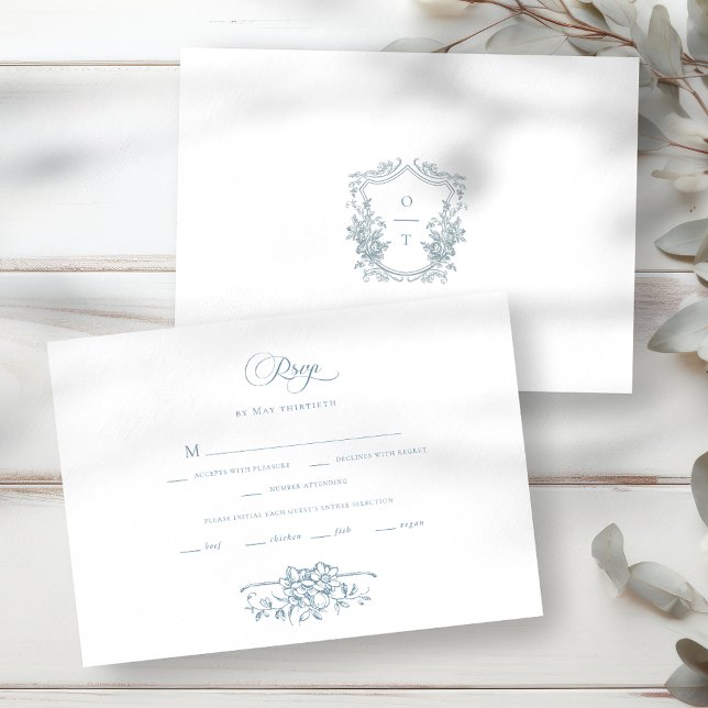 Romantic Dusty Blue Line Art Floral Wedding RSVP Card (Creator Uploaded)