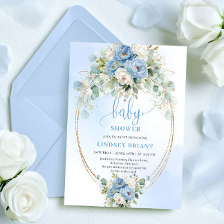 Romantic Dusty Blue Peonies Eucalyptus Gold Shower Invitation
