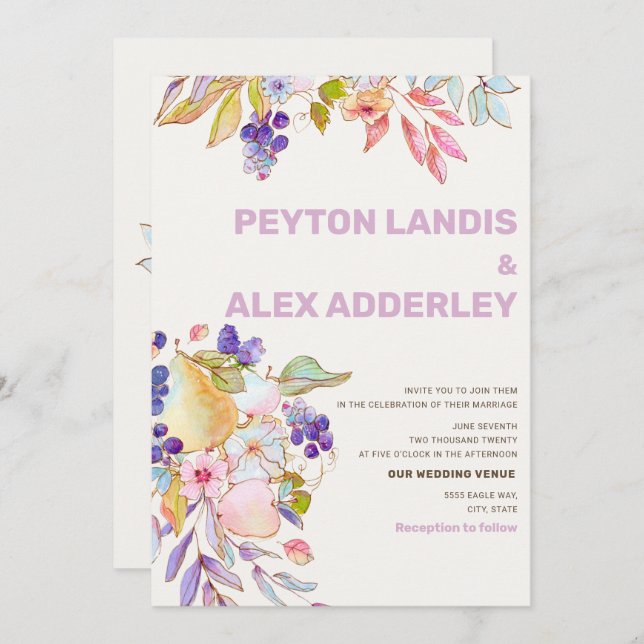 Romantic Dusty Blue Pink Fruit Floral Wedding Invitation (Front/Back)