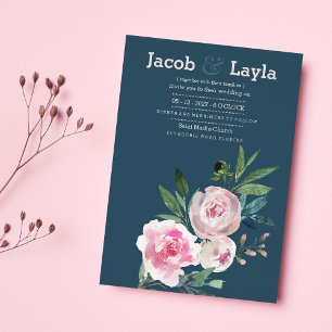Romantic dusty blue pink peony floral wedding invitation