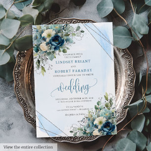 Romantic Dusty Blue Silver Wedding Invitation Card
