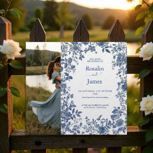 Romantic Dusty Blue Toile Floral Photo Wedding  Invitation