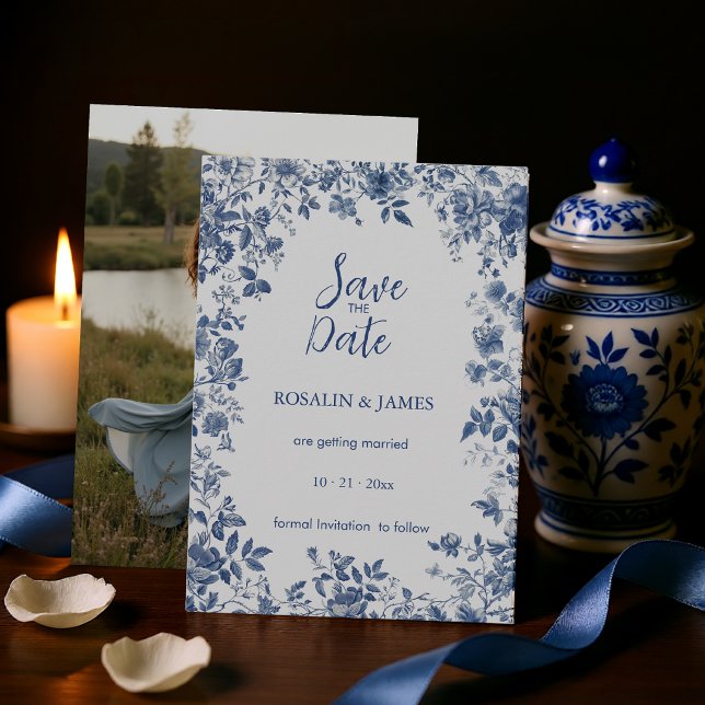Romantic Dusty Blue Toile Floral with Photo Save The Date (Romantic Dusty Blue Toile Floral with Photo Save The Date)