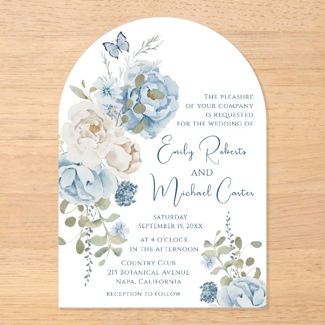 Romantic Dusty Blue Watercolor Floral Wedding Acrylic Invitations (Front)
