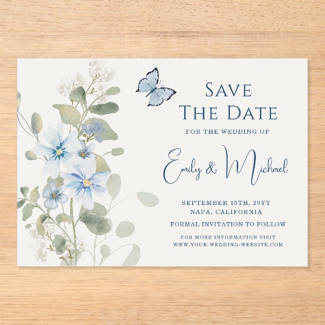 Romantic Dusty Blue Watercolor Floral Wedding Acrylic Invitations (Front)