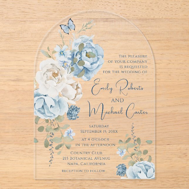 Romantic Dusty Blue Watercolor Floral Wedding Acrylic Invitations (Front)