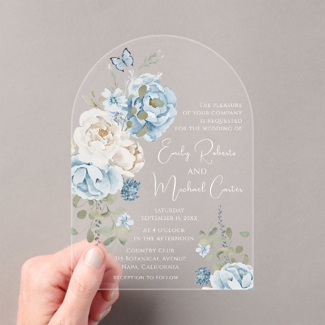 Romantic Dusty Blue Watercolor Floral Wedding Acrylic Invitations (Insitu (Handheld))