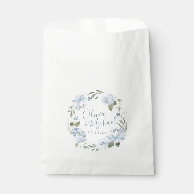 Romantic dusty blue watercolor floral wedding favour bag (Front)
