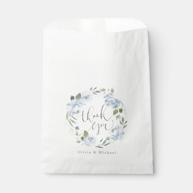 Romantic dusty blue watercolor floral wedding favour bag (Front)