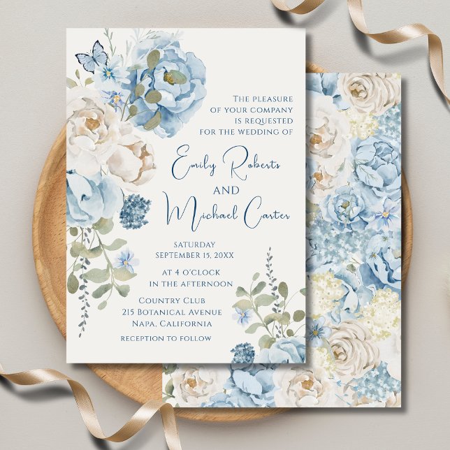 Romantic Dusty Blue Watercolor Floral Wedding Invitation (Creator Uploaded)