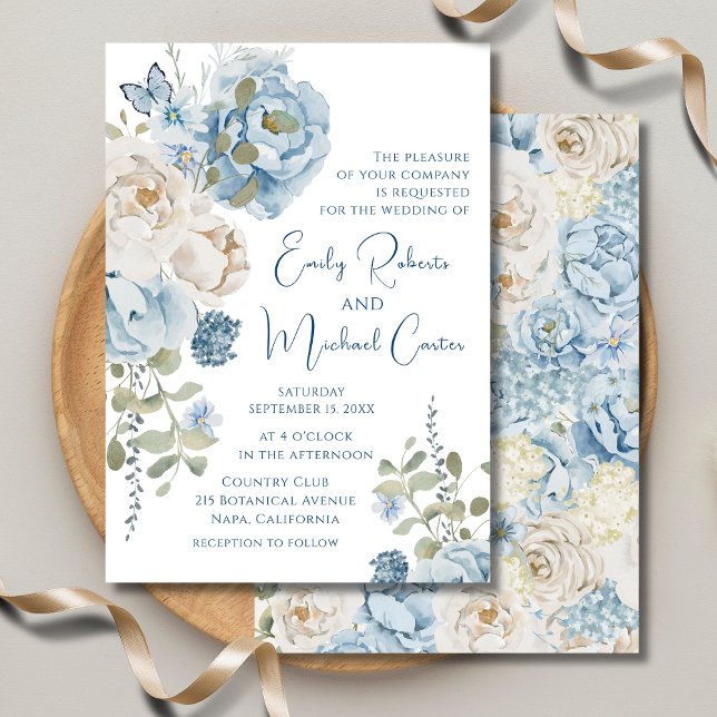 Romantic Dusty Blue Watercolor Floral Wedding Invitation (Creator Uploaded)