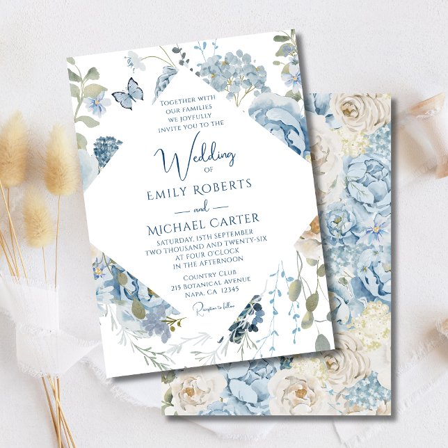 Romantic Dusty Blue Watercolor Floral Wedding Invitation (Creator Uploaded)