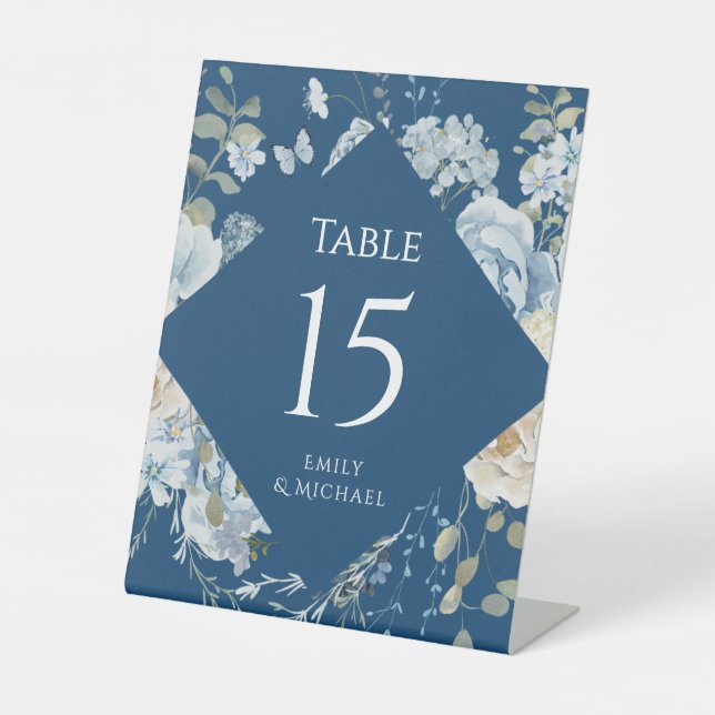 Romantic Dusty Blue Watercolor Floral Wedding Pedestal Sign (Front)