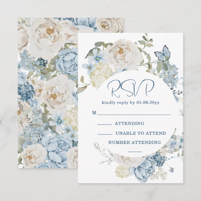 Romantic Dusty Blue Watercolor Floral Wedding RSVP Card (Front/Back)