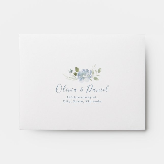 Romantic dusty blue watercolor floral wedding RSVP Envelope (Front)