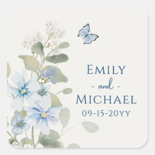 Romantic Dusty Blue Watercolor Floral Wedding Square Sticker
