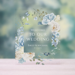 Romantic Dusty Blue Welcome Floral Wedding Acrylic Sign