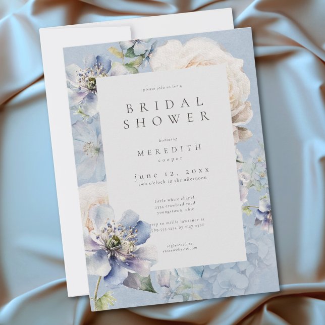 Romantic Dusty Blue White Floral Bridal Shower Invitation (Romantic Dusty Blue White Floral Bridal Shower Invitation)