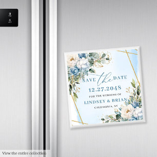 Romantic Dusty Blue White Peonies Save the Date Magnet