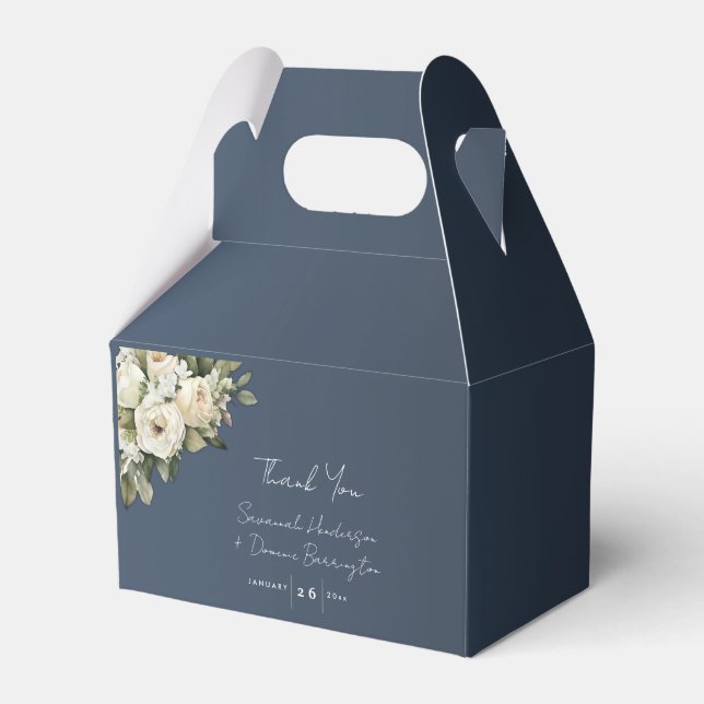 Romantic Dusty Blue White Roses Wedding Favour Box (Front Side)