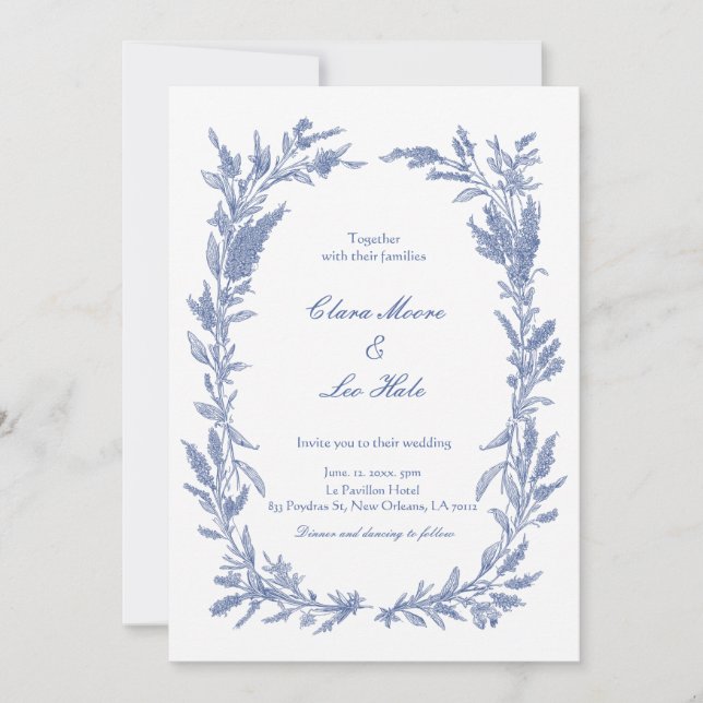 Romantic Dusty Blue Wildflower Wreath Wedding Invitation (Front)