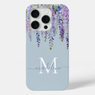 Romantic Dusty Blue Wisteria Monogram Script Name iPhone 15 Pro Case