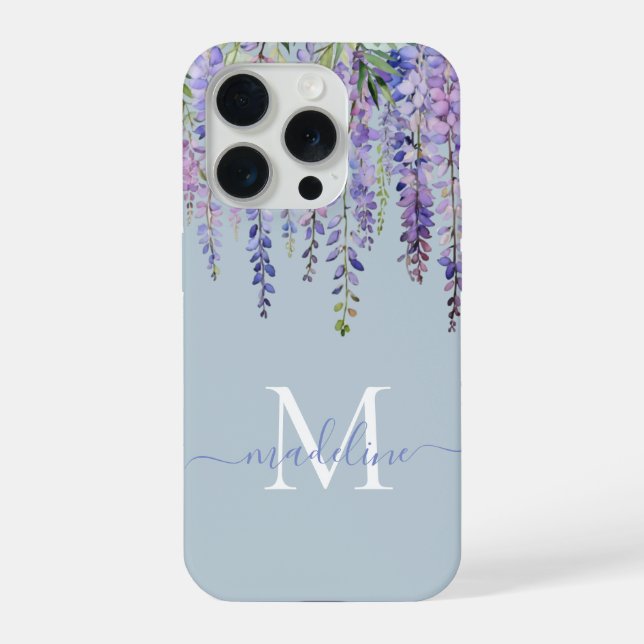 Romantic Dusty Blue Wisteria Monogram Script Name iPhone Case (Back)