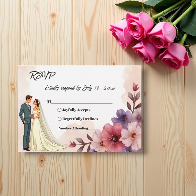 Romantic Dusty Floral Bride And Groom Chic Wedding RSVP Card (Creator Uploaded)