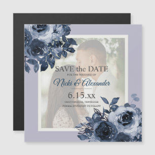 Romantic Dusty Navy Blue Photo Save Date Magnetic Invitation