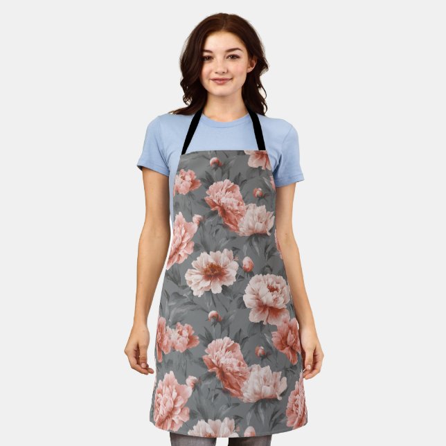 Romantic Dusty Pink Peony Grey Floral Pattern Apron (Worn)