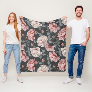 Romantic Dusty Pink Peony Grey Floral Pattern Fleece Blanket
