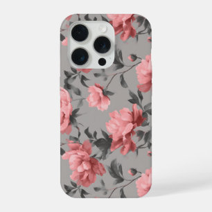 Romantic Dusty Pink Peony Grey Floral Pattern iPhone 15 Pro Case