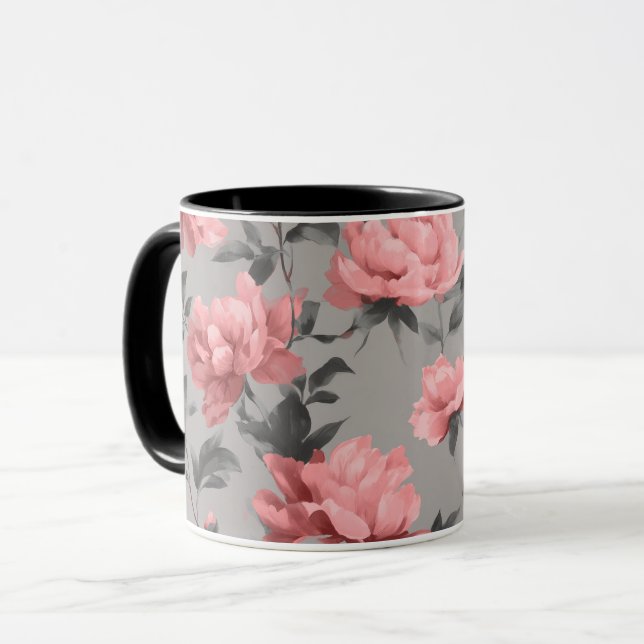 Romantic Dusty Pink Peony Grey Floral Pattern Mug (Front Left)