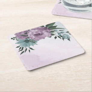 romantic dusty purple and blue flowers  square paper coaster