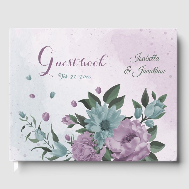 romantic dusty purple and blue flowers wedding gue guest book (Front)