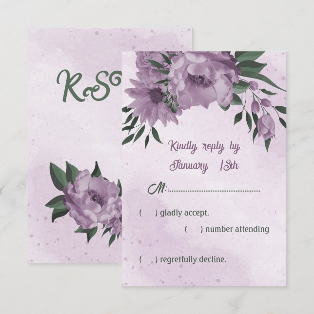 romantic dusty purple flowers green leaves wedding RSVP card (Front/Back)