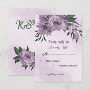 romantic dusty purple flowers green leaves wedding RSVP card