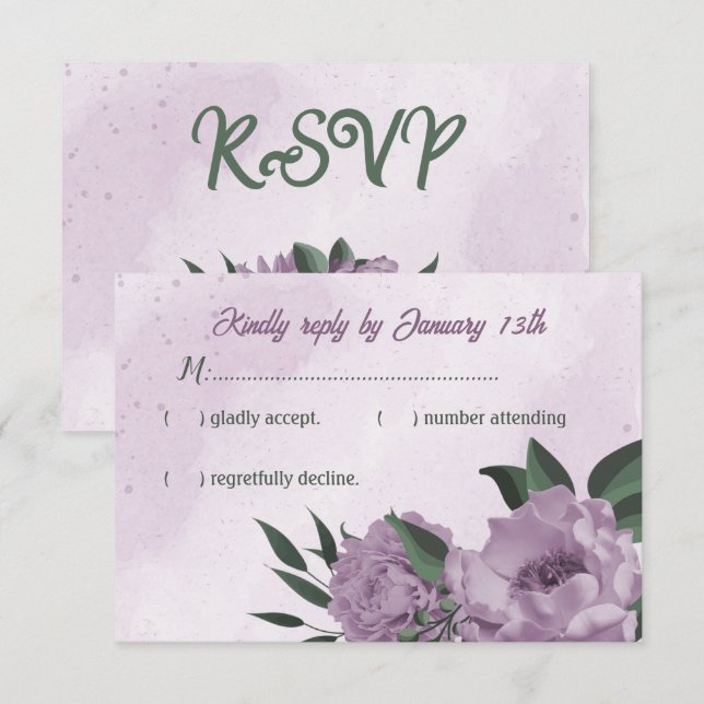 romantic dusty purple flowers green leaves wedding RSVP card (Front/Back)
