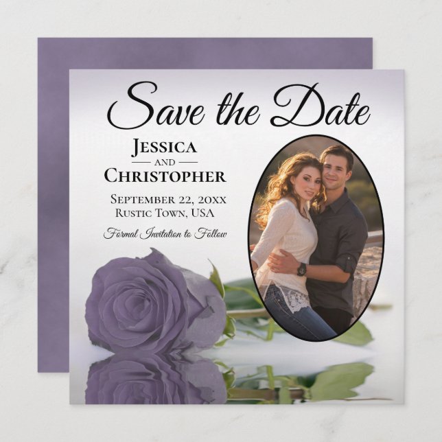 Romantic Dusty Purple Rose with Oval Photo Wedding Save The Date (Front/Back)