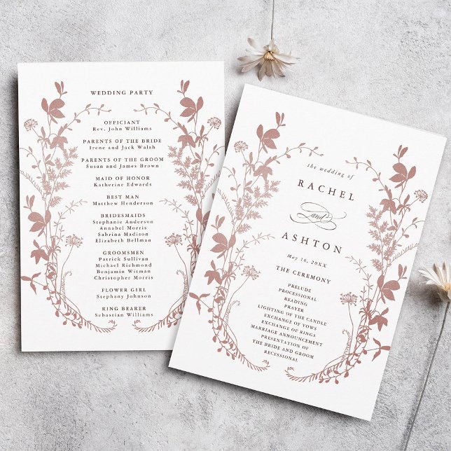Romantic Dusty Rose Botanical Wedding Ceremony Program (Front & Back)