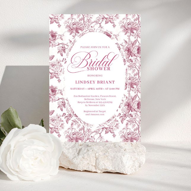 Romantic Dusty Rose Floral Toile Bridal Shower  Invitation (Romantic Dusty Rose Floral Toile Bridal Shower Invite)