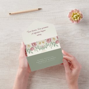 Romantic Dusty Rose Peony Floral Wedding All In One Invitation