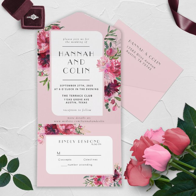 Romantic Dusty Rose Peony Modern Frame All In One  Invitation (Creator Uploaded)