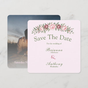 Romantic dusty rose pink peony botanical wedding save the date